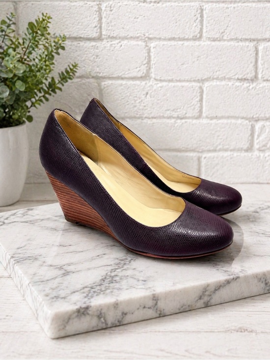 Cole Haan Shoes - Cole Haan Lainey Dark Plum Textured Leather Wedge Pumps Size 10.5
